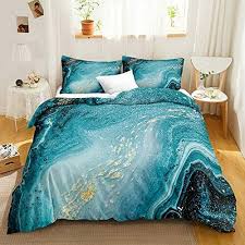 Teal Bedding Set Blue Gold Marble