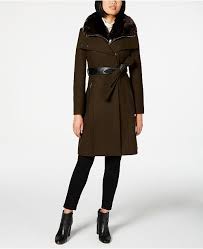 Faux Fur Collar Belted Coat With Faux Leather Trim