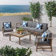 Lorelei Outdoor 7 Piece Acacia Wood 4 Seater Sofa And Club Chairs Set Gray And Dark Gray