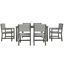 Cesicia Gray 7 Piece Acacia Wood And Rattan 6 People Outdoor Dining Set Table And Chairs For Courtyard Patio Balcony