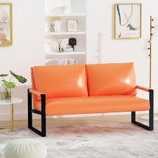 Orange Faux Leather Seats Loveseat