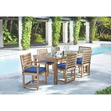 We supply all ofsunbrella's fabrics with a 5 year warranty against fade! Martha Stewart Living Deer Isle 7 Piece All Weather Eucalyptus Wood Patio Dining Set With Rave Marine Fabric Cushions Shop Your Way Online Shopping Earn Points On Tools Appliances Electronics More