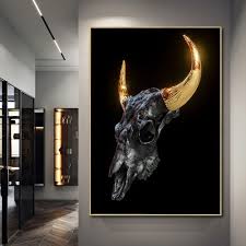 Golden Metal Horns Bull Skull Statue