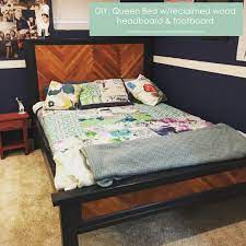 queen bed with reclaimed wood headboard