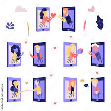 Flat love chat, online dating characters set. Men, women chatting via  smartphones, giving flowers, present boxes, shaking hands. Internet  communications and romantic relationships. Vector Stock Vector | Adobe Stock