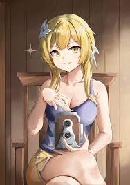 dvdraw, lumine (genshin impact), genshin impact, absurdres, commentary,  english commentary, highres, 1girl, bare shoulders, blonde hair, blue  shirt, breasts, camera, cleavage, collarbone, crossed legs, feather hair  ornament, feathers, flower, hair 