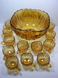 punch bowl set amber glass