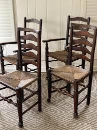 Child ladderback rush seated ash chair 19th. Antique English Ladder Back Chairs With Rush Seats Set Of 4 From Gray Antiques Of Baltimore Md Attic