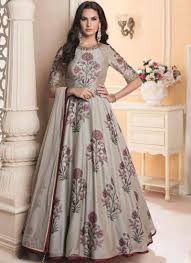 Online shopping wedding wear gowns, party wear gowns, engagement wear gown, sangeet wear gown, mehendi wear embroidery online floral embroidery anarkali gown green gown indian suits designer wear half sleeves ready to wear gowns. Floral Banglori Silk Readymade Anarkali Suit