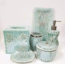 6 Pc Set Teal Green Glass Mosaic Soap
