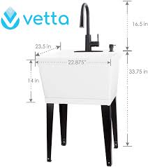 Includes injection molded legs that won't bend or buckle; Vetta White Utility Sink Laundry Tub With High Arc Black Kitchen Faucet By Vetta Pull Down Sprayer Spout Hea Utility Sink Laundry Tubs Black Kitchen Faucets