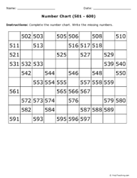 Number Chart 501 600 Grade 2 Free Printable Tests
