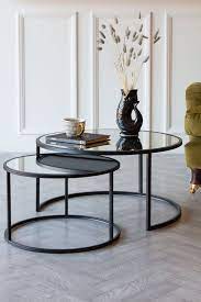 set of 2 black mirrored side tables