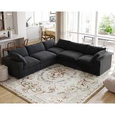 Magic Home 120 In Modular Barong Linen Fabric Flared Arm Comfy Large 5 Seat L Shape Corner Free Combination Sectional Sofa Black Black