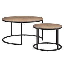 Rustic Oak Steel Round Coffee Table Set
