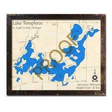 Lake Templene Mi 3d Wood Map Laser Etched Nautical Decor