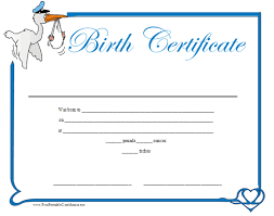 A birth certificate can also be defined as an official document that is usually prepared and issued by the relevant authorities to act as a record of a new born baby's. A Cute Birth Certificate Bordered In Blue With A Full Color Graphic In The Corner Of A Stor Birth Certificate Template Birth Certificate Certificate Templates