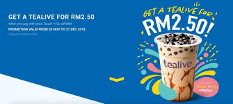 During the campaign, customers can purchase their favourite tealive beverages for only rm2.50, exclusively for those who pay with the touch 'n go ewallet app. Tealiveä¸€æ¯åŽŸä»·rm6 50 çŽ°åœ¨åªéœ€rm2 50 å³æ—¥èµ·ç›´åˆ°12æœˆ31æ—¥