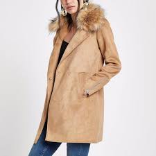 Brown Faux Fur Collar Swing Coat From
