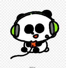 cute panda bear wears headphones looks