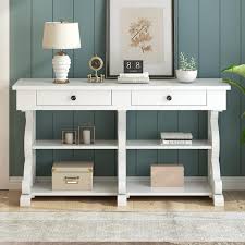 Retro 54 1 In Antique White Rectangle Wood Console Table With Open Adjustable Shelves 2 Top Drawers 3 Exquisite Legs