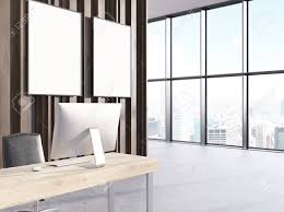 Office Interior With Computer On Wooden Desk Two Blank Picture