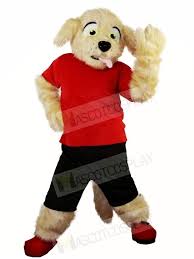 Cute Fluffy Dog In Red Shirt And Black Pants Mascot Costumes Animal