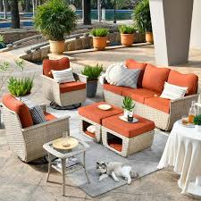 Hooowooo Sierra Beige 6 Piece Wicker Pet Friendly Outdoor Patio Conversation Sofa Set With Swivel Chairs And Orange Red Cushions
