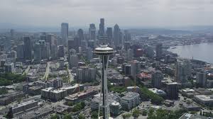 5k Stock Footage Aerial Video Flying By Space Needle And Focus On The Downtown Seattle Skyline Washington Aerial Stock Footage Ax45_056 Axiom