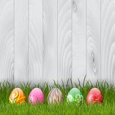 Decorative Easter Eggs In Grass On A Wood Background Vector
