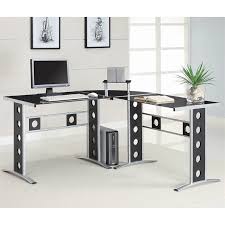 L Shape Glass Top Metal Office Desk Set