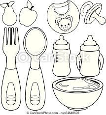 Top quality coloring pages here for children, boys, girls. Baby Food Tableware Set Vector Black And White Coloring Page Vector Illustration Collection Of Fork And Spoon Milk Bottle Canstock