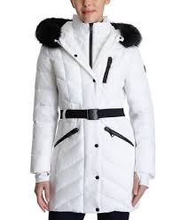 Belted Faux Fur Trim Hooded Puffer Coat