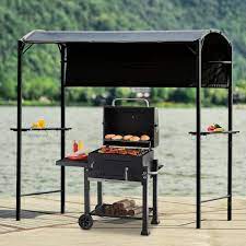 7 Ft X 6 8 Ft Outdoor Patio Steel Bbq Grill Gazebo Canopy With Side Awning Bar Counters And Hooks Gray