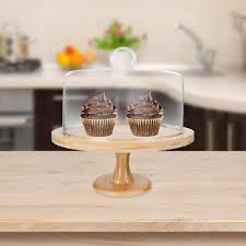 1 Set Wooden Cake Stand With Glass Dome