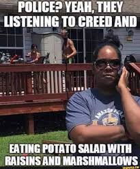 Raisin potato salad is an internet slang term to describe unnecessary actions taken by white people, usually adding their spin on examples of black popular culture. Police Yeah They Listening To Creed And Eating Potato Salad With Raisins And Marshmallows Ifunny