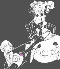 railroadmejic, frisk (undertale), muffet, undertale, highres, 1girl,  androgynous, arms up, arthropod girl, blush, breasts, bug, censored, fangs,  femdom, insect girl, latex, licking lips, monochrome, monster girl, multi  limb, small breasts, spider, spider