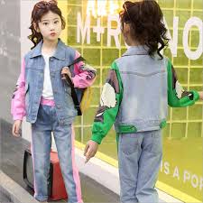 2019 Girls Spring Autumn Fashion Casual Set Childrens Print Long Sleeve Stitched Denim Jacket Jeans Set Kid Baby Clothes From Caiyundaolai 30 06