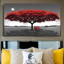 Art Modern Red Tree Bench Landscape