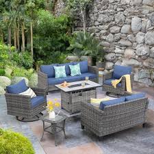 Xizzi Mirage 6 Piece Wicker Patio Rectangular Fire Pit Set And With Denim Blue Cushions And Swivel Rocking Chairs