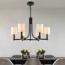 Cylinder Shade Dining Room Chandelier Metal 6 Lights American Rustic Pendant Lamp In Black Beautifulhalo Com