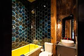 bathrooms in blue and yellow
