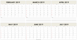 6 Month February 2019 To July 2019 Calendar Template Free