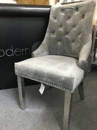 2 x luxury grey velvet dining chairs with chrome lion head door knocker and legs. 6x Light Grey Velvet Dining Chairs With Pull Handle Door Knocker And Chrome Leg Ebay