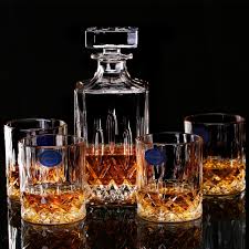 crystal whiskey decanter with 4 glasses
