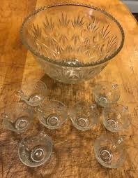Vintage Cut Glass Punch Bowl Set W 8