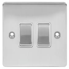 Niglon Premium Edge 2 Gang 2 Way 10ax Double Light Switch In Brushed Chrome With White Insert