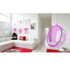 This quirky modern style bedroom features a hanging bubble chair with silver cushioning that goes well with the circular bed's silver bed sheets and pink heart cushions. White And Pink Acrylic Bubble Hanging Chair Overstock 12837901