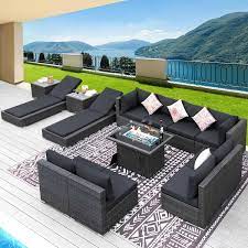 Nicesoul 13 Piece Charcoal Gray Pe Wicker Fire Pit Sectional Sofa Sets With Chaise Lounge Gray Cushions Without Ottamans