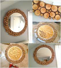 diy circular wood slice decorated mirror